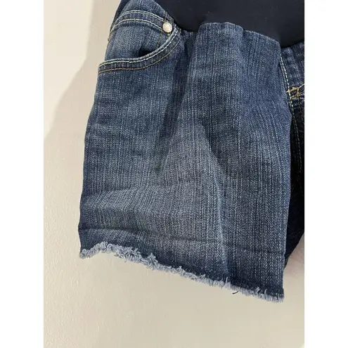Indigo Blue Stretch Denim Full Panel Raw Hem Maternity Shorts Size Small