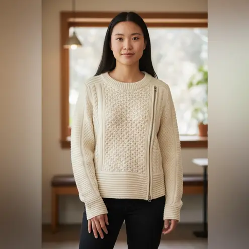 Veronica Beard Cream Wool Cable Knit Asymmetrical Zip Sweater Womens - Image 2