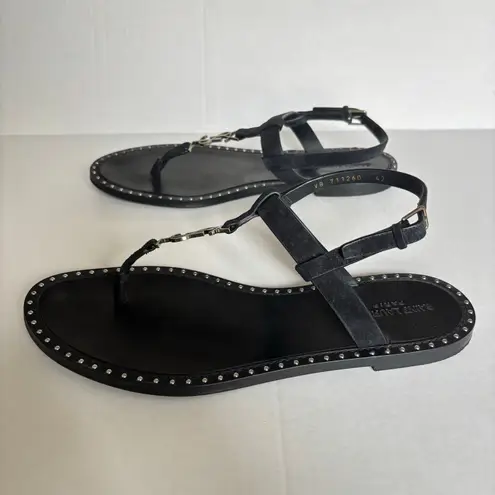 Saint Laurent Cassandra YSL Studded T-Strap Leather Flat Sandals Black Size 42 - Image 6