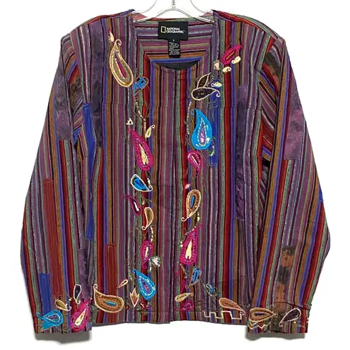 National Geographic Open Front Blazer Womens L Colorful Silk Boho Hippie Artsy - Image 1