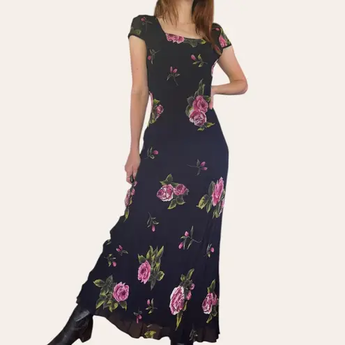 90s vintage floral chiffon square neck cap sleeve maxi dress black and pink XS/S