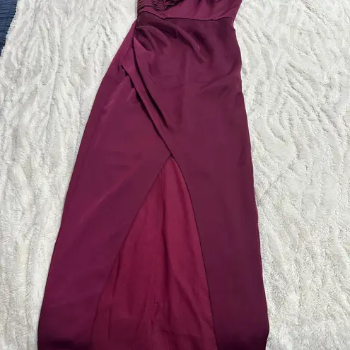 THEIA Size 0 Burgundy One Shoulder Satin Split Front Evening Gown Dress Sleek Red