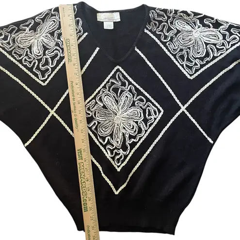 Vintage Savior Sweater USA Black Knit Floral Applique Statement Lagenlook Sz 14