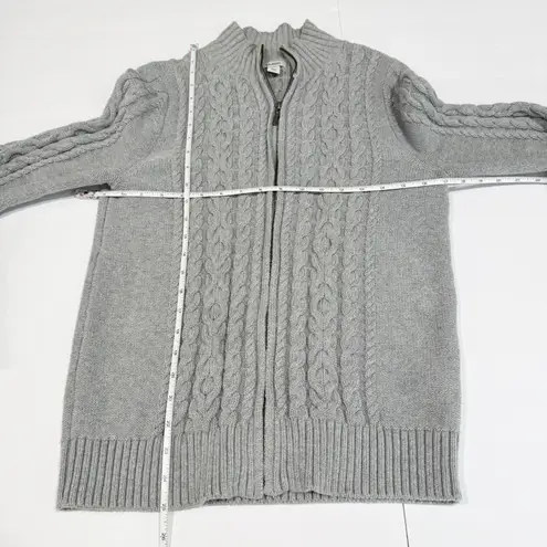 LL Bean Gray Double L Mixed Cable Full Zip Mock Neck Cotton Sweater Size MEDIUM