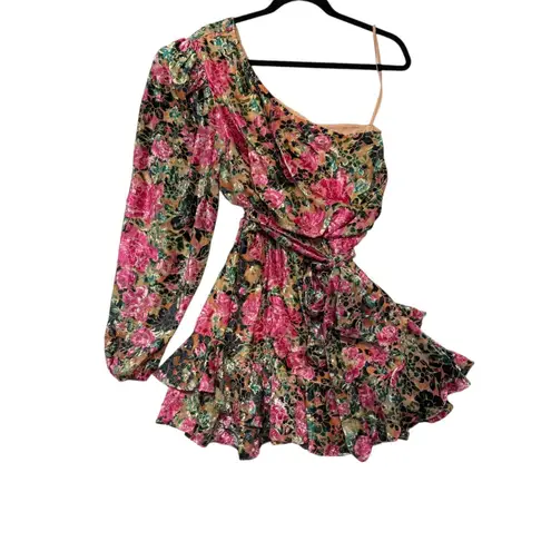 HEMANT & NANDITA One Shoulder Floral Metallic Ruffle Mini Dress XL FLAWED Pink