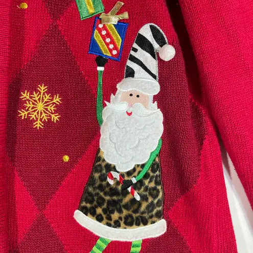 Classic Elements FESTIVE CHRISTMAS ARGYLE CARDIGAN SWEATER SANTA L RED PREOWNED