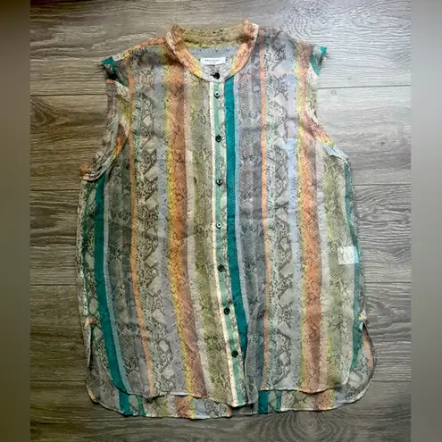 Equipment Femme Pastel Gray Snakeskin Sheer Raw Hem Tunic Button Down Top Size L