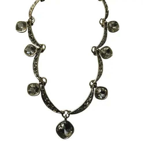 Trifari Crown Crystal Pave Necklace Vintage Silver Tone Filigree Clear Cushion