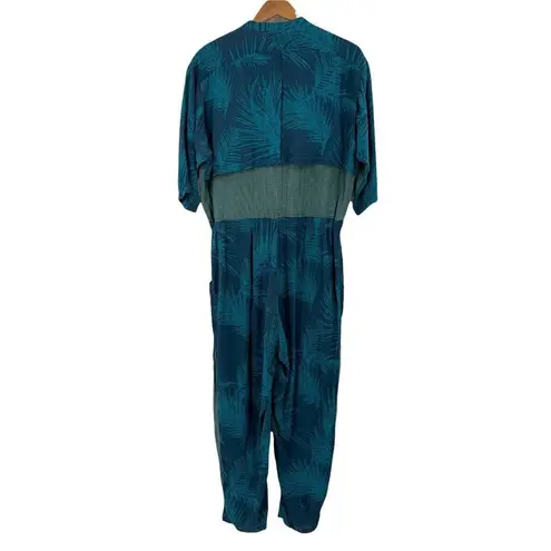Paradised JORDANA Teal Leaf Print and Mesh Jumpsuit Size XL Blue