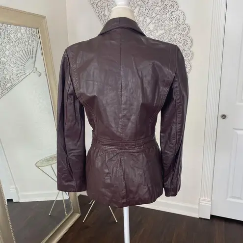 Casual Corner VTG 90s Maroon Burgundy Brown Leather Belted Tailored Jacket S / M