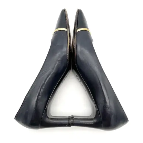 St. John Navy Leather Pumps Size 7 Gold Trim Cap Toe Classic Mid Heel Italy VTG