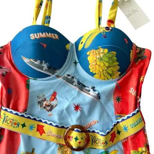 NEW Colorful Unique Orange Blue Bathing Swimsuit Sz L Cruise Vacation Underwire Size L