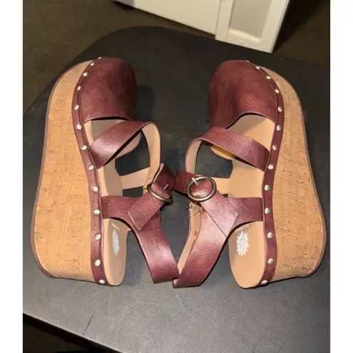 Yellowbox Barah Clog Shoes Size 10 Maroon Red Cork Wedge Silver Studs Casual