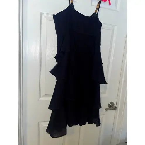 Formal Black Dress Wood Beads Strap by Robbie B Size 12 100% Cotton Lined Ruffle