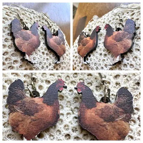 Rooster Earrings Chicken Farm Animal Eggs Pet New Hens Farmer Foul Chick Brown