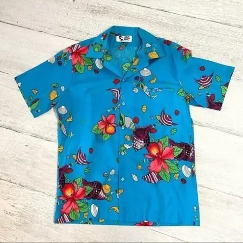 Hilo Hattie Hawaiian Shirt Button Down Blue Floral Vintage Shirt Size L