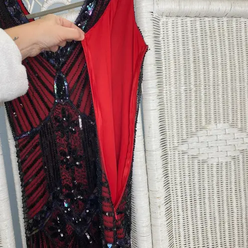 Unique Vintage Red Black Sequin Fringe Flapper Dress 1920s Gatsby Small
