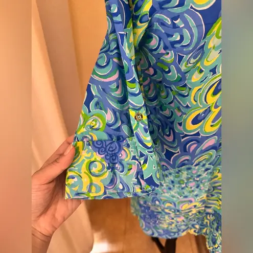 Lilly Pulitzer  Lilly’s Lagoon Tunic Shirt Dress XS Blue Green Button Down Preppy