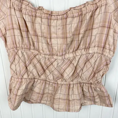 Sim & Sam Puff Sleeve Smocked Top Tan Plaid Size XS Cotton Milkmaid Cottagecore