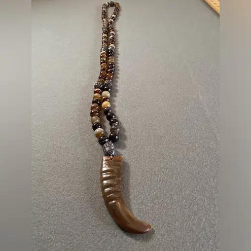 HipChik Couture Long Necklace with Tibetan Horn rhinestone beads Brown