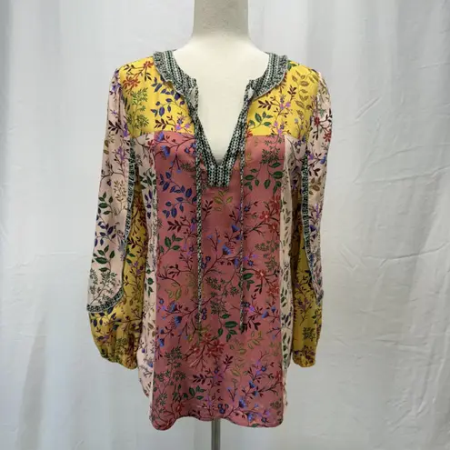 Sundance Womens Long Sleeve Botanical Boho Patchwork Floral Blouse Size XL