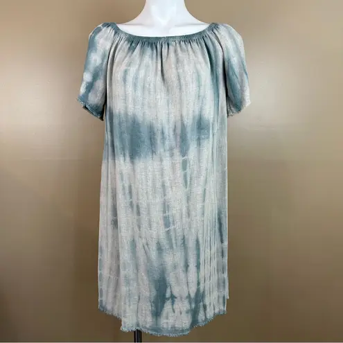 Mono B Tie Dye Off Shoulder Raw Hem Linen Blend Blue Dress Medium Frayed Grunge