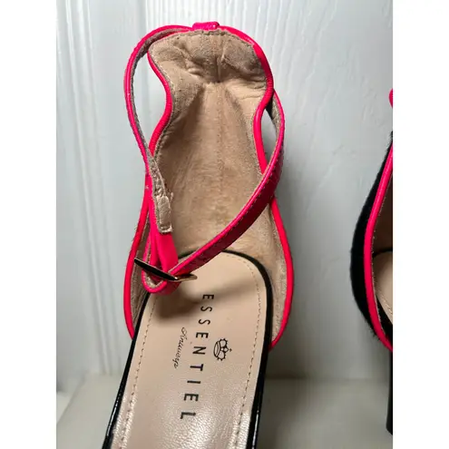 ESSENTIEL Antwerp Heels Sandals Black Pony Hair Neon Pink Trim Ankle Strap 9.5