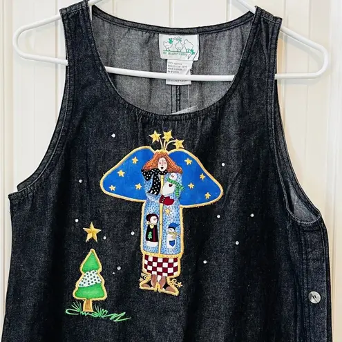 Quacker Factory Small Jumper Maxi Dress Black Jean Denim Angel Snowmen Trees NWT