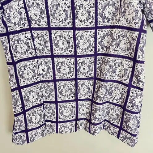 Handmade Blouse Lace Print Ruffled Short Puffed Sleeves Purple White Top Women