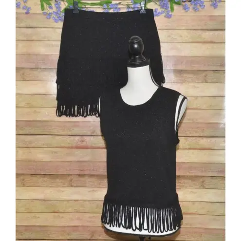 Endless Rose Anthropologie Sz L Black Metallic Loop Fringe Mini Skirt & Tank Top
