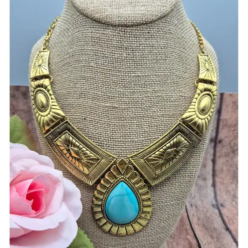 None NWOT Gold Tone & Faux Turquoise Teardrop Bib Collar Necklace Southwestern 22"