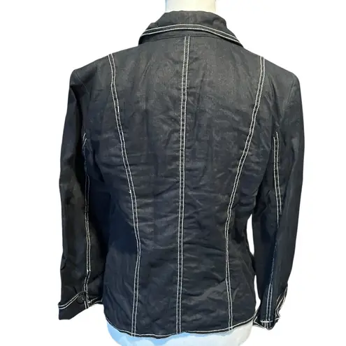 August Silk Women's 6 Black Blazer with White Stitching 100% Linen Summer