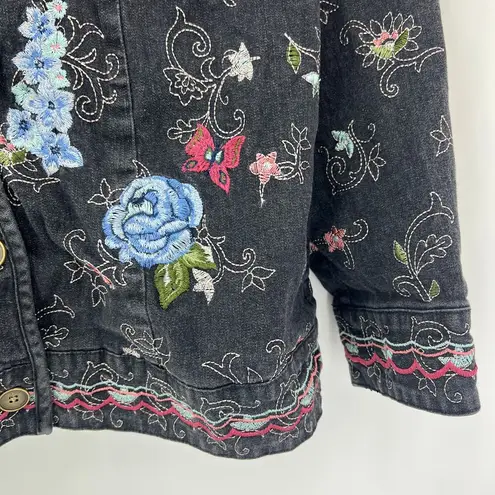 Denim & Co  (M) VINTAGE 90s Womens Black Floral Embroidered Button Up Jean Jacket