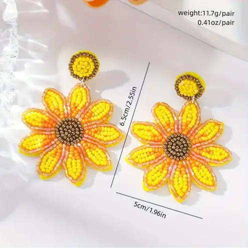 Stylish Trendy Sunflower Design Boho Style Drop Earrings Made Of Tiny Beads‎ Yellow