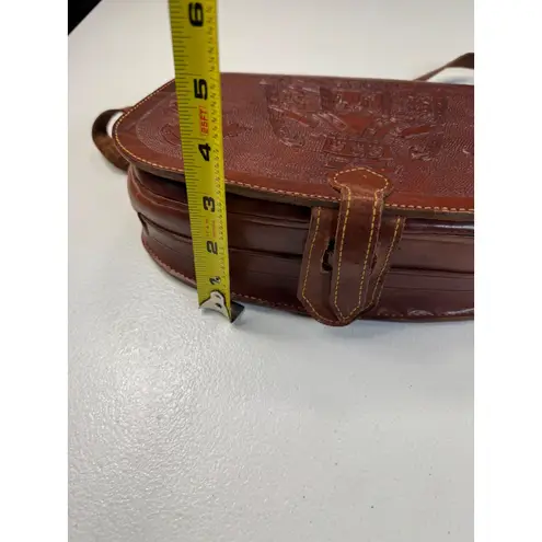 Vintage Tooled Leather Crossbody Bag Purse Aztec Mayan Style Brown