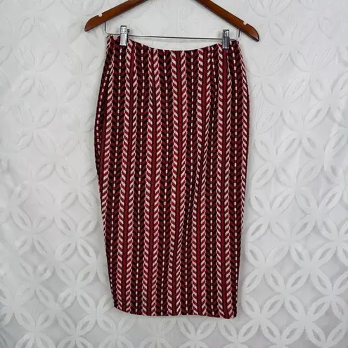 Eva Franco Red Blue White Geometric Print Wool Poly Blend Pencil Skirt With Slit Size 2