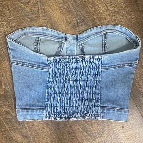 VINTAGE DENIM BUSTIER WITH BUTTON FRONT AND SHEERING IN BACK TO LOOK SNATCHED IN Blue