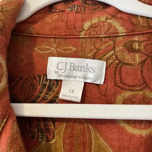 Christopher & Banks Orange Boho Citrus Retro 70s Jacket Linen Cotton Hippie Art To Wear Laganlook 1X