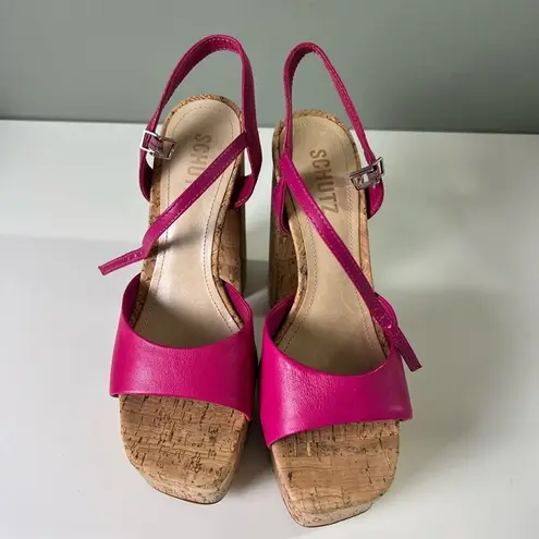 Schutz Pink Leather Glayce Ankle Strap Buckle Platform Cork Sandal Heels 6.5