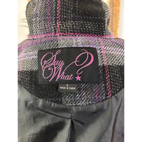 Say What? Say What Pea Coat Women L Blended Wool 3 Button Front Long Sleeve Plaid Belted