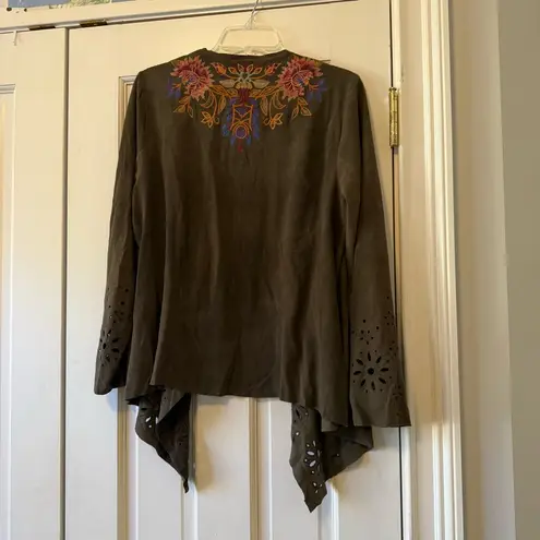 Johnny Was Workshop 100% Suede Embroidered Eyelet Detail Duster Jacket Sz Medium