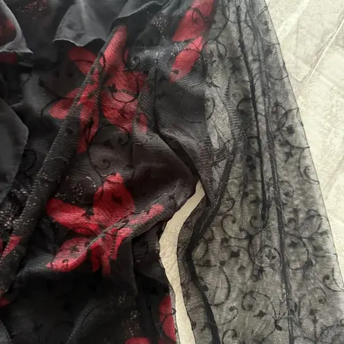 Women's Red Black Floral Mesh Ruffled Crewneck Witchcore Lace Top No Sz Size undefined