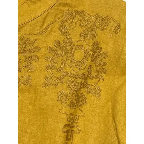 Embroidered Linen Blend Mustard Button Down Tunic Shirt Sz M Gold Size M