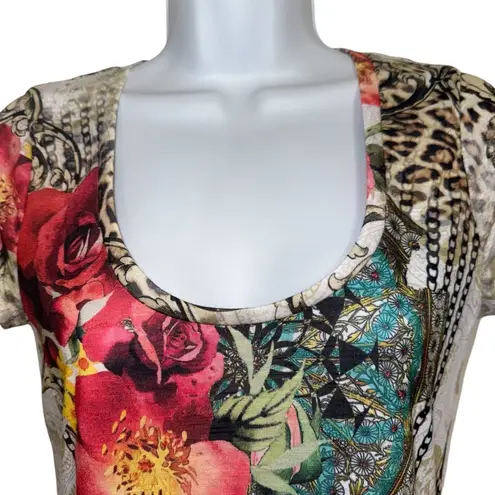 CACHE Floral Leopard Print Embellished Scoop Neck T
