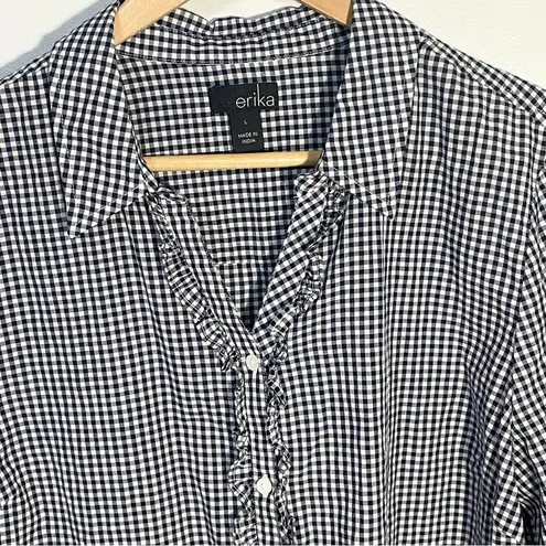 Erika Women's Navy White Gingham Print Long Sleeve ruffle front shirt size large