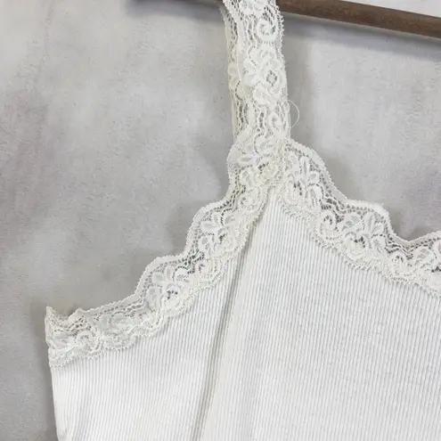 Y2K Lace Trim Womens Tank Top Medium Ribbed Stretch Coquette Preppy Retro Soft White