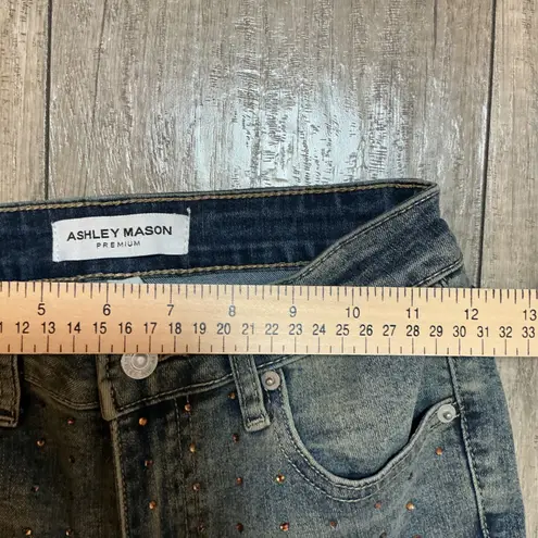 Ashley Mason Embellished Distressed Hem Flare Jeans - Studded Denim Boho Y2K Style sz 1/25