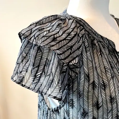 By the River Sheer Geometric Print Ruffle Sleeve Blouse Black/White