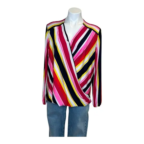 NYGARD Stripe Multicolor Long Sleeve Blouse Red Pink Yellow Size Large