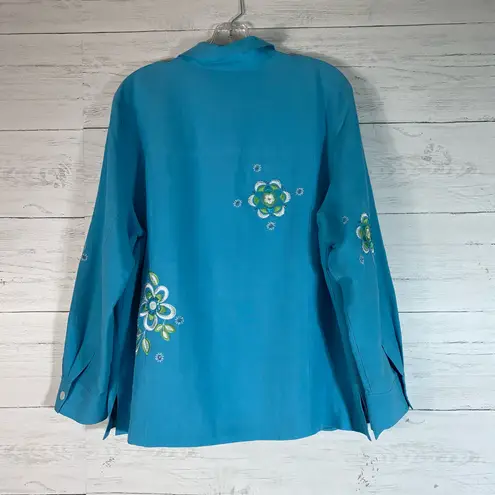 Laura Ashley XL Womens Embroidered Silk Linen Button Down Blue Blouse Sequins